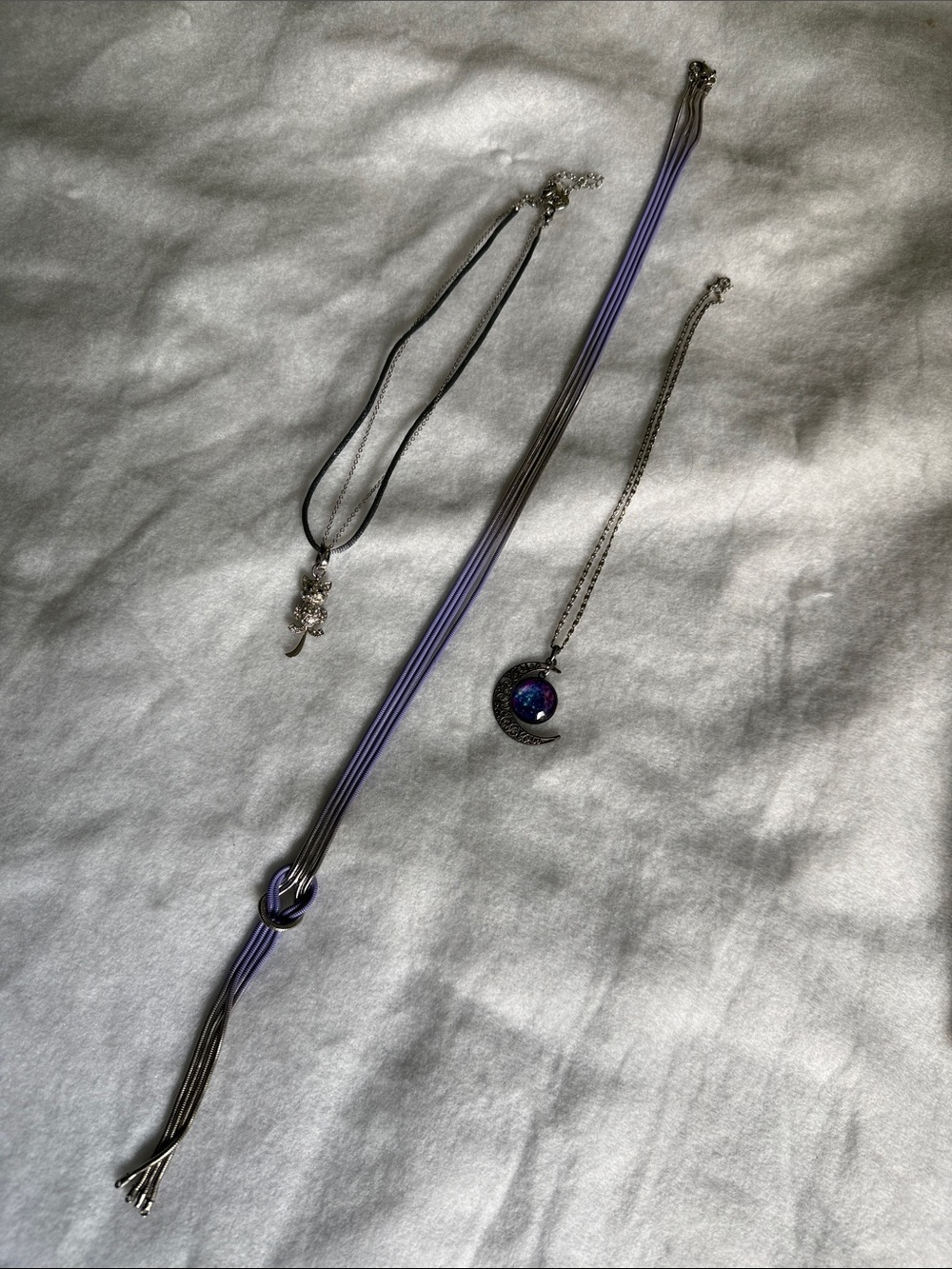 3 Necklaces: Silver Moon Pendant Necklace in Purple and Silver